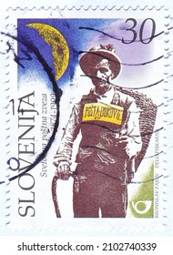 Slovenia - circa 1999 : Cancelled postage stamp printed by Slovenia, that shows Postman in old days, 
125th Anniversary of the Universal Postal Union, circa 1999.