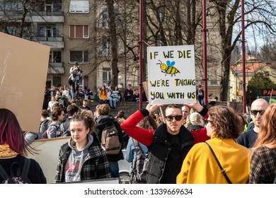 Slovenia, Ljubljana 15.03.2019 - Young protestors with banners at a Youth strike for climate march