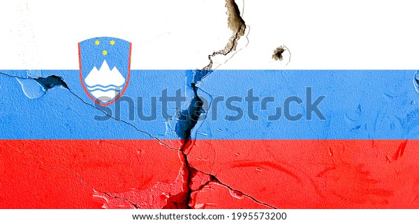 Slovenia national flag icon\
grunge pattern painted on old weathered broken wall background,\
abstract Slovenia politics economy society issues concept texture\
wallpaper