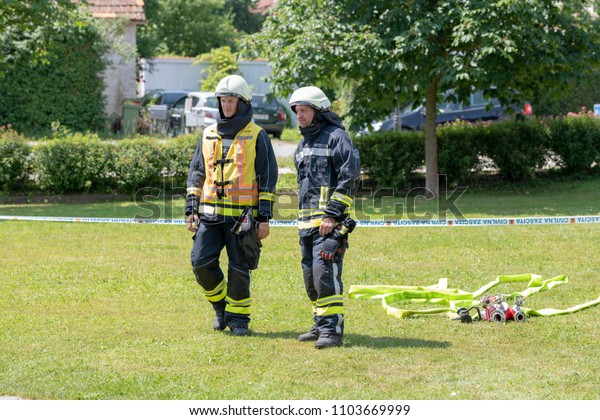 Slovenska Bistrica, Slovenia - June 2 2018:\
Emergency Services Workers train in joint action with Rescuers,\
Firemen, Police and Red Cross in Slovenska Bistrica to ensure\
readiness in case of\
emergency