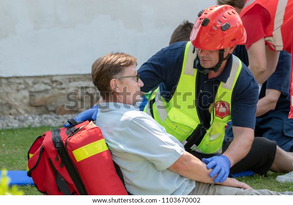 Slovenska Bistrica, Slovenia - June 2 2018:\
Emergency Services Workers train in joint action with Rescuers,\
Firemen, Police and Red Cross in Slovenska Bistrica to ensure\
readiness in case of\
emergency
