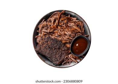 Slow Cooked Pulled Beef, Traditional meat rubbed with spices and smoked in a Texas smoker. Isolated on white background