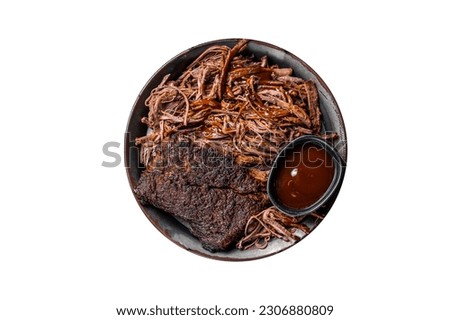 Slow Cooked Pulled Beef, Traditional meat rubbed with spices and smoked in a Texas smoker. Isolated on white background