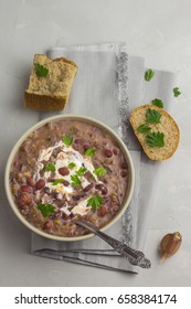 Slow Cooker Bean Soup With Mushrooms And Garlicky Bread. Top View.