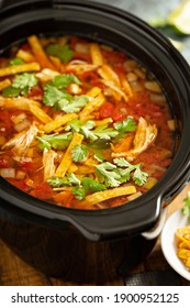 Slow Cooker Chicken Taco Soup Topped With Fresh Cilantro