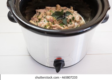 Slow Cooker Crockpot Casserole Meal With Chicken, Bacon And Fresh Herbs.