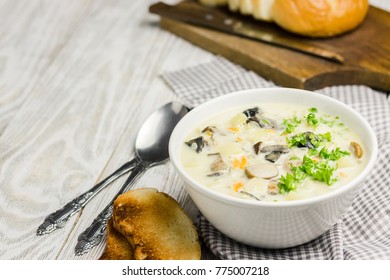 Slow Cooker Mushroom Soup. Selective Focus, Copy Space. 