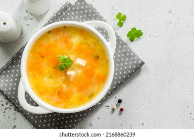 Slow Cooker Split Pea Bacon Soup In Bowl. Top View, Copy Space, Flat Lay.