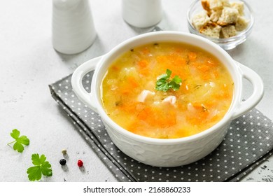 Slow Cooker Split Peaham Soup Puree In Bowl. Top View, Copy Space, Flat Lay.