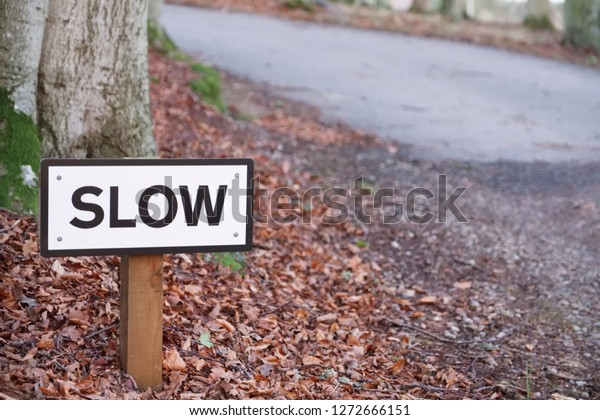 Slow\
down road safety sign on rural countryside\
highway