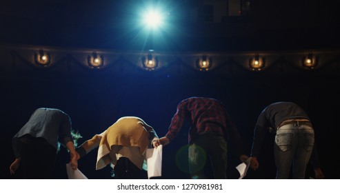 Slow Motion Of Actors And Actresses Bowing To Audience In A Theater