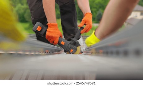 Slow motion of construction worker cutting steel beam. Man works circular saw. Flies of spark from hot metal. Man worked over the steel. close-up of hand and electric saws metal. Close-up of hand too. - Powered by Shutterstock