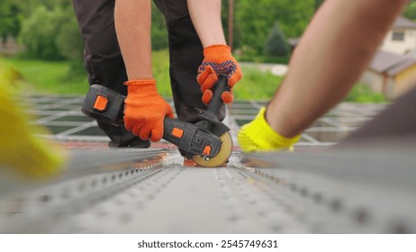 Slow motion of construction worker cutting steel beam. Man works circular saw. Flies of spark from hot metal. Man worked over the steel. close-up of hand and electric saws metal. Close-up of hand too. - Powered by Shutterstock