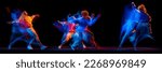 Slow motion moves. Collage with young men and women, break dance or hip hop dancers dancing isolated over multicolored background in neon mixed light. Youth culture, movement, music, fashion, action.