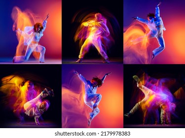Movimientos lentos. Collage con hombres y mujeres jóvenes, bailarines de baile de ruptura o de hip hop bailando aislados sobre fondo multicolor en luz de neón mezclada. Cultura juvenil, movimiento, música, moda, acción.