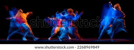 Slow motion moves. Collage with young men and women, break dance or hip hop dancers dancing isolated over multicolored background in neon mixed light. Youth culture, movement, music, fashion, action.