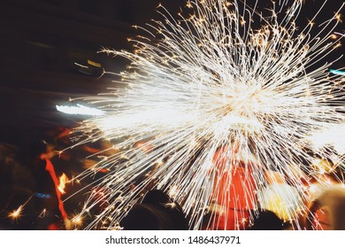 A Slow Shutter Shot Of People Partaking In The Tradition Known As Correfoc At Feste La Mercè In Barcelona. 