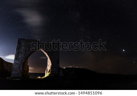 Slow shutter speed starry sky above the ruins of Grosnez Castle in Jersey Channel Islands