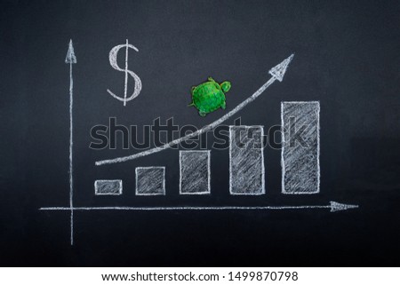 Slow but stable investment or low fluctuate stock market concept, miniature figure turtle or tortoise walking on chalkboard with drawing price line graph of stock market value. Dollar exchange rate.