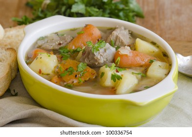 Slow-cooked Irish Stew With Tender Lamb Meat, Potatoes And Vegetables