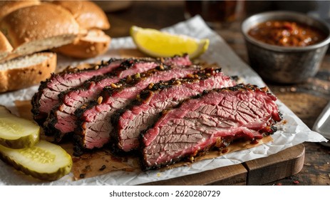 Slow-smoked Texas beef brisket sliced thick with a deep bark, juicy center, and served with pickles, white bread, and BBQ sauce on the side.

