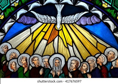 SLUPSK, POLAND - 21 MARCH 2016 stained glass window depicting Pentecost
