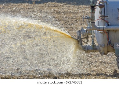 Slurry On Farm In Agriculture With Tractor