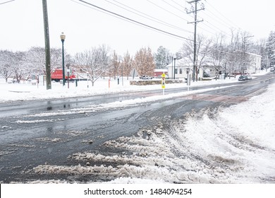 Slush And Sleet Of Snow On Roads After Winter Storm In VIrginia. 