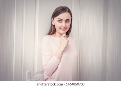 Sly Girl Hiding Behind The Door, Woman Playing Hide And Seek, Portrait, Toned