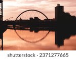 The Slyde Arc Bridge or Squinty Bridge crossing the Clyde river of Glasgow