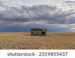 Small abandoned farm house under a stormy sky, Saskatchewan, Alberta