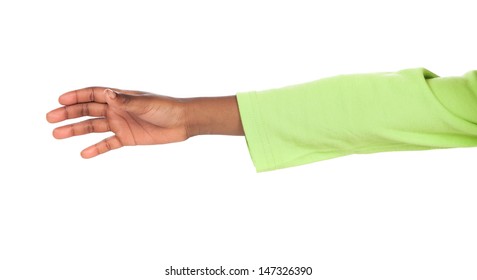 Small African Child's Hand Reaching Out. Image Is Isolated On A White Background.