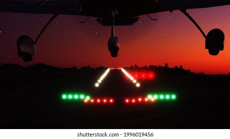 Small Airplane Landing On Runway With Sunset And Stars