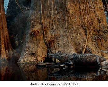 Small alligator resting by base of tree