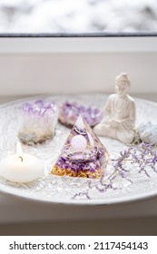 Small Altar With Orgonite Or Orgone Pyramid In Home Interior. Converting Negative Energy To Positive Energy And Have Healing Powers.