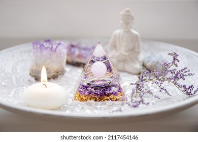 Small Altar With Orgonite Or Orgone Pyramid In Home Interior. Converting Negative Energy To Positive Energy And Have Healing Powers.