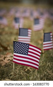 Small American Flag On A Lawn With More Flags In The Background.