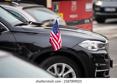 Small American Flag With Stars And Stripes On The Luxury Black Car. Diplomatic Car Of USA. Officials Of US Embassy In Serbia, Meeting Of Country Ambassadors.