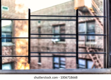 Small Apartment Window In New York City NYC Urban Bronx, Brooklyn Brick Housing, Guard Rail, Security Bars, Grunge Poverty