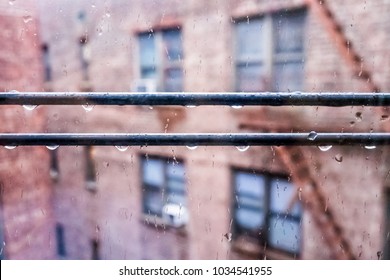 Small Apartment Window In New York City NYC Urban Bronx, Brooklyn Brick Housing, Guard Rail, Security Bars, Grunge Poverty, Wet Raining, Rain Drops, Droplets