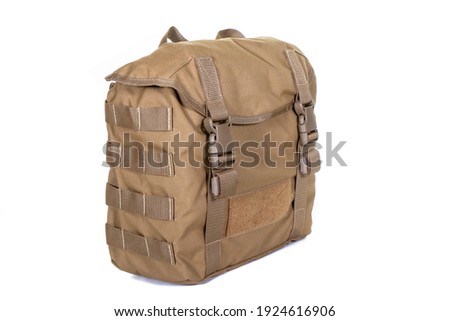 small army combat rucksack isolated white background, studio shot