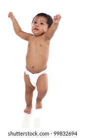 Small Asian Baby Is Walking On White Background