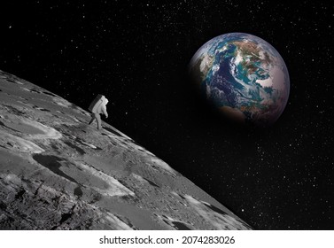 Small Astronaut Figure, Clearly Visible On The Surface Of The Moon, Looks Up Into The Sky At The Distant Earth. Footprints Confirm The Presence Of A Person. Elements Of This Image Furnished By NASA.