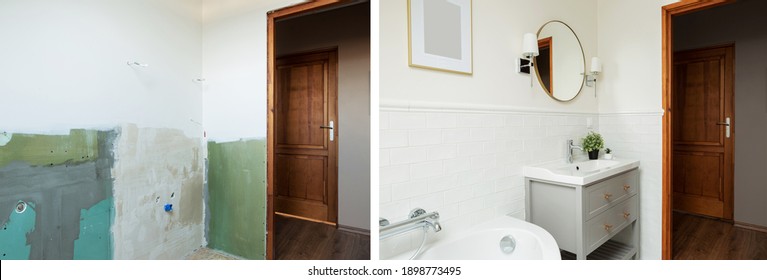 Small Attic Bathroom Before And After Renovation. White Bright Neutral Colors - Scandinavian Style. Architecture, Home Staging And Interior Design - Country Home.