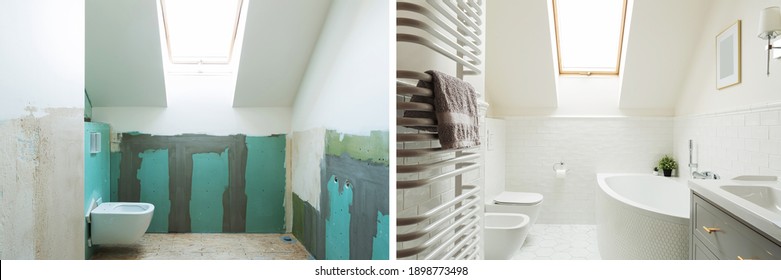 Small Attic Bathroom Before And After Renovation. White Bright Neutral Colors - Scandinavian Style. Architecture, Home Staging And Interior Design - Country Home.