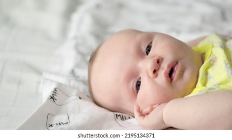 A Small Baby Being Active In The Morning. Cute Infant Being Energetic On A Sunny Day. Baby Stare. Caucasian Baby. 