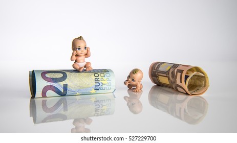 Small baby toys and euro money with white background, children figures with euro bank notes