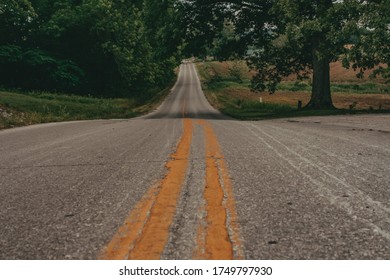 A small backroad flows down a steady path into the rural woods of Kentucky.