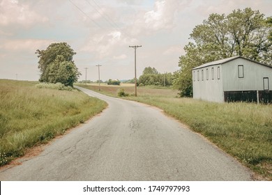 A small backroad flows down a steady path into the rural woods of Kentucky.