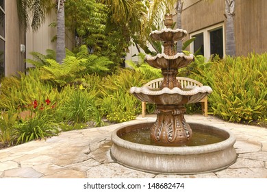 Small Backyard Fountain In A Garden San Diego California.